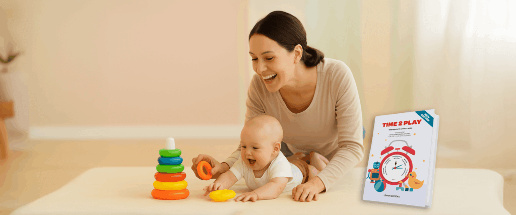 Parent and child playing with Time 2 Play book