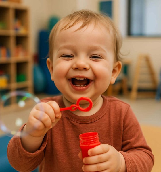 A laughing toddler blowing bubbles during an early intervention session