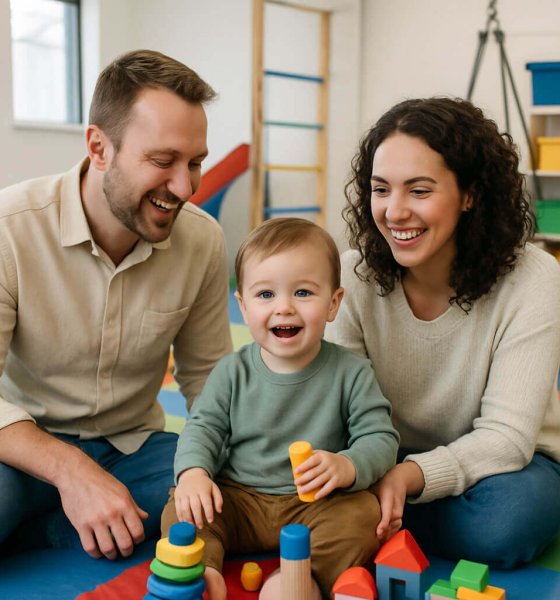 Two parents and their toddler playing with blocks during parent coaching