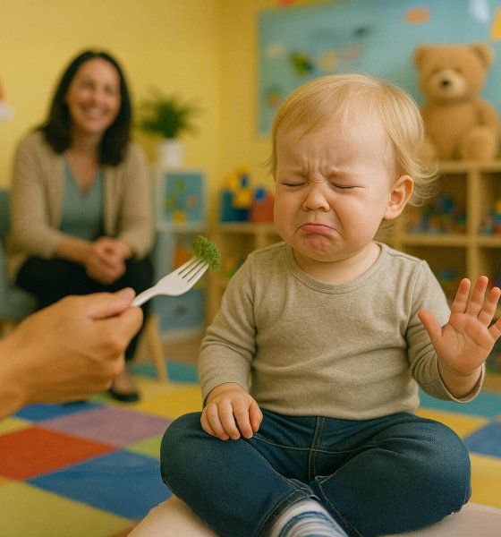 A toddler refusing a new food during a feeding therapy session